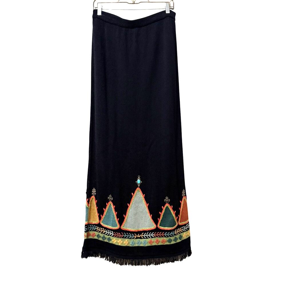 Double D. Ranch Embellished Western Linen Maxi Skirt Fringe Boho Chic Sz M